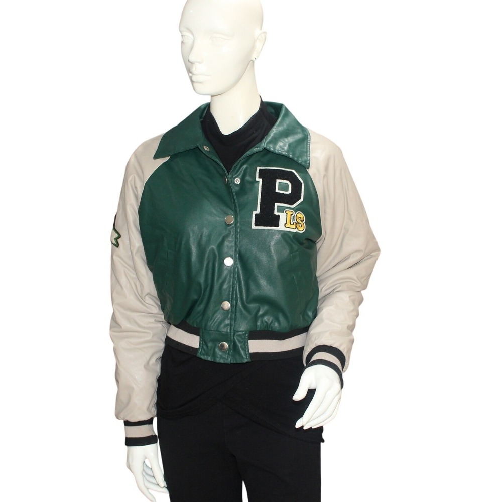 Fashion Nova Green Faux Leather Varsity Jacket Letterman Style Small